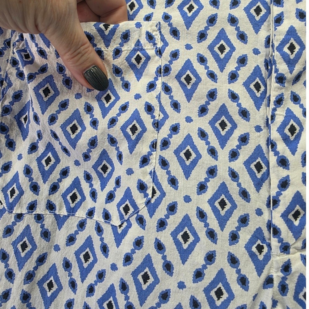 Zara Women Blue White Geometric Diamond Print Wide Leg High Rise Pants Size L - Picture 4 of 7